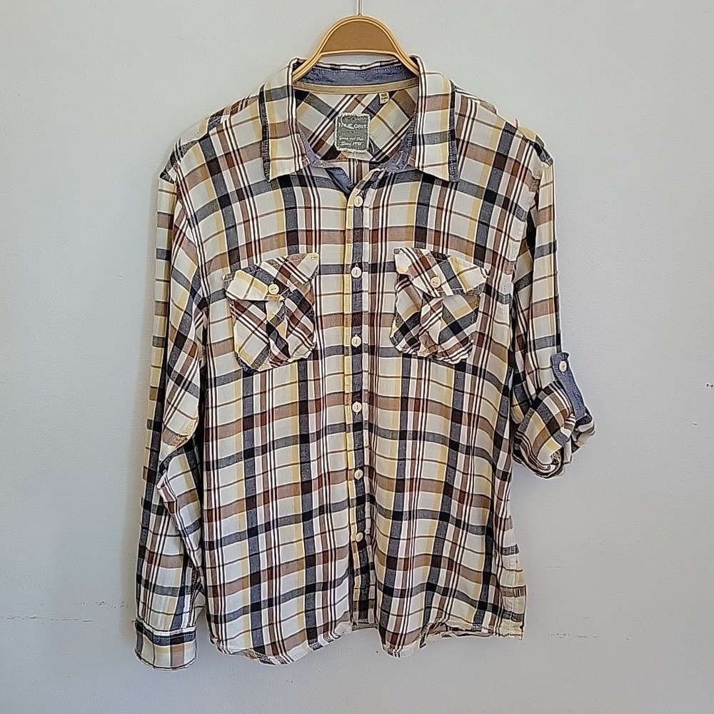 True Grit Plaid Flannel Shirt Long Roll Tab Sleeve Cotton Button Up Grunge 90s